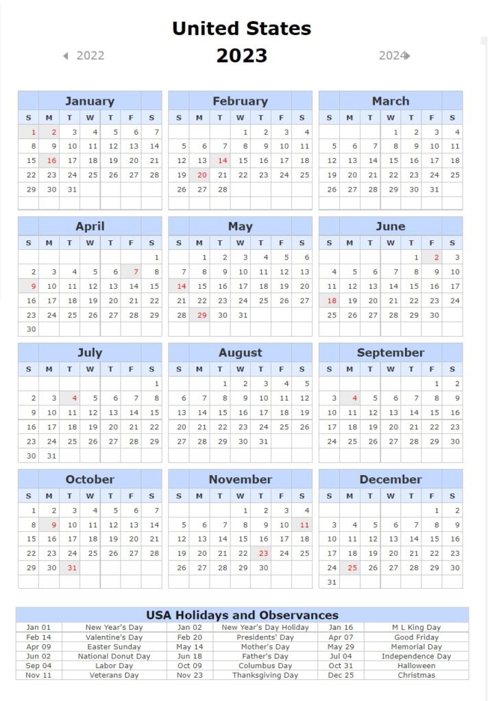 2023 Calendar Template United States