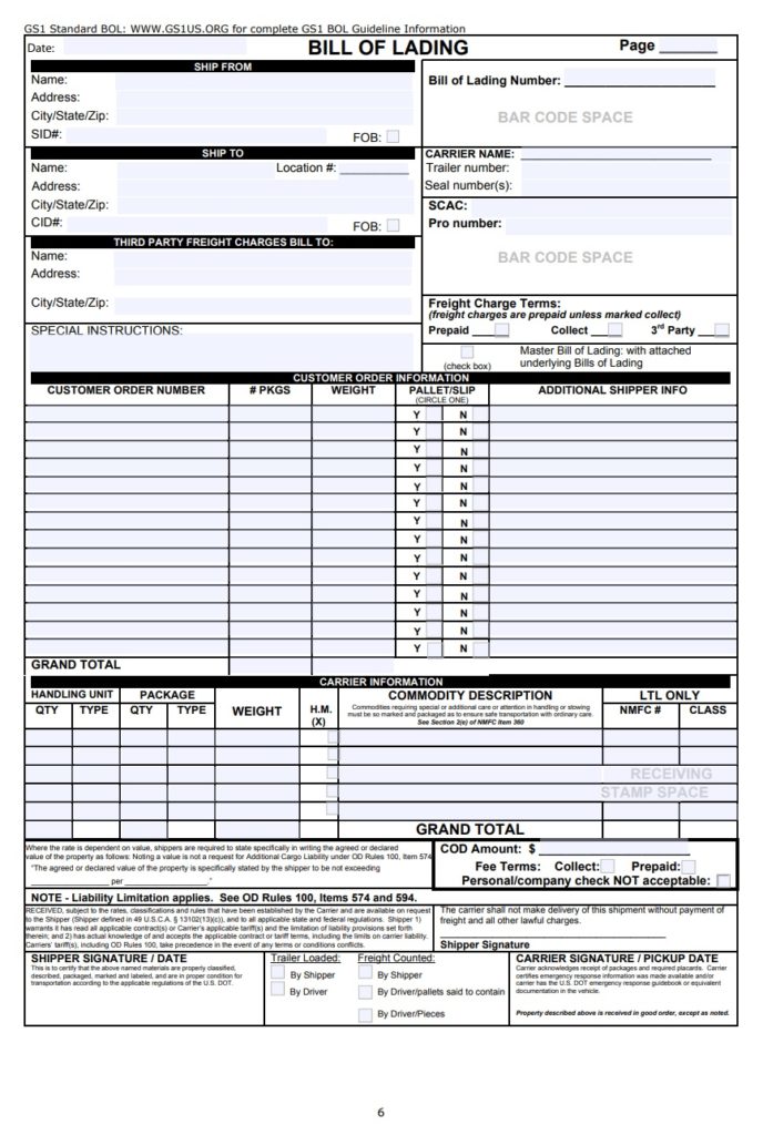 Bill of Lading Form