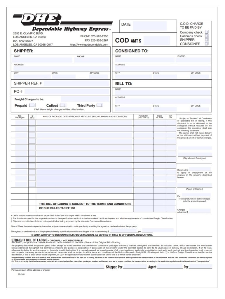 Bill of Lading Format