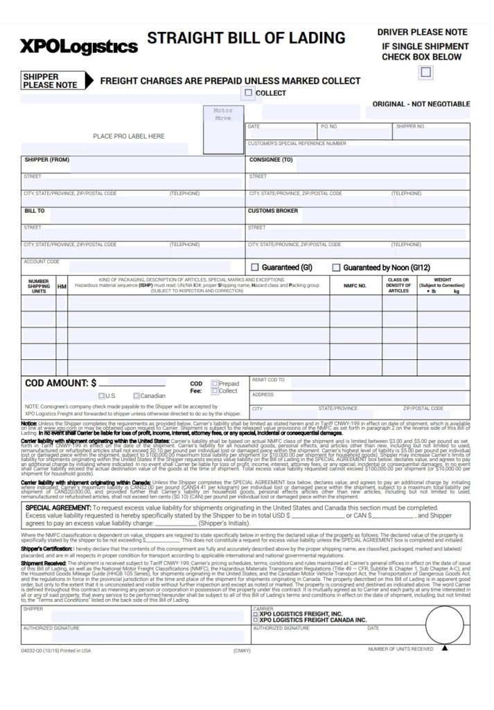 Bill of Lading Template