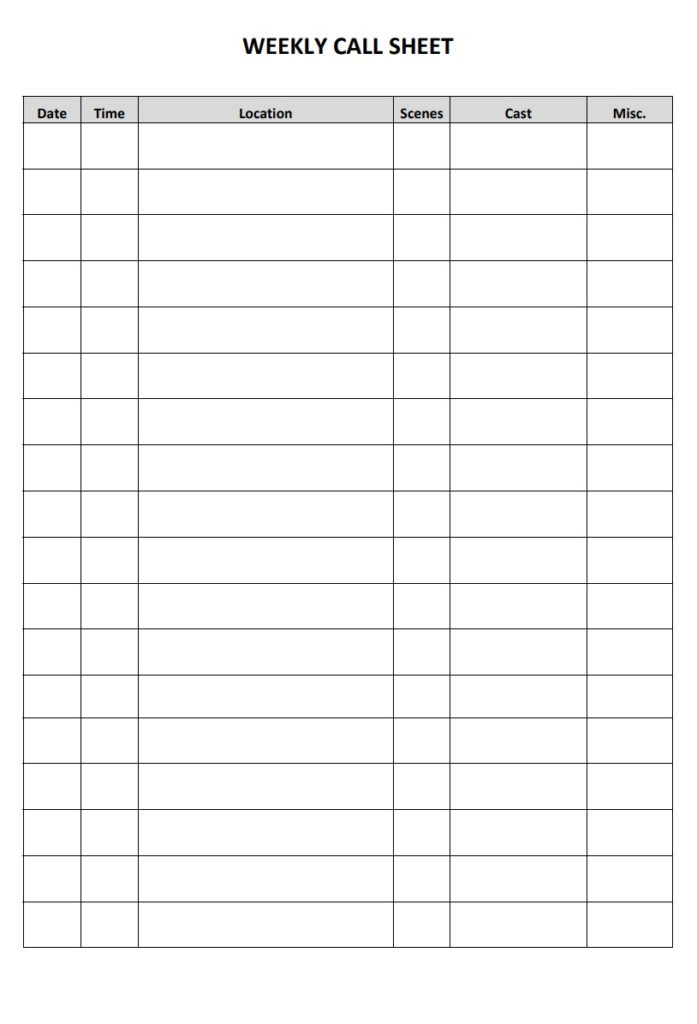 Blank Call Sheet Template