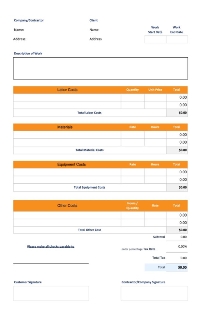 Blank Construction Estimate Template