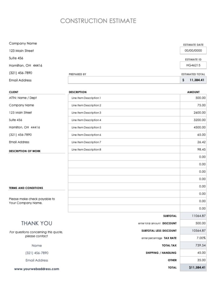 Construction Estimate Example