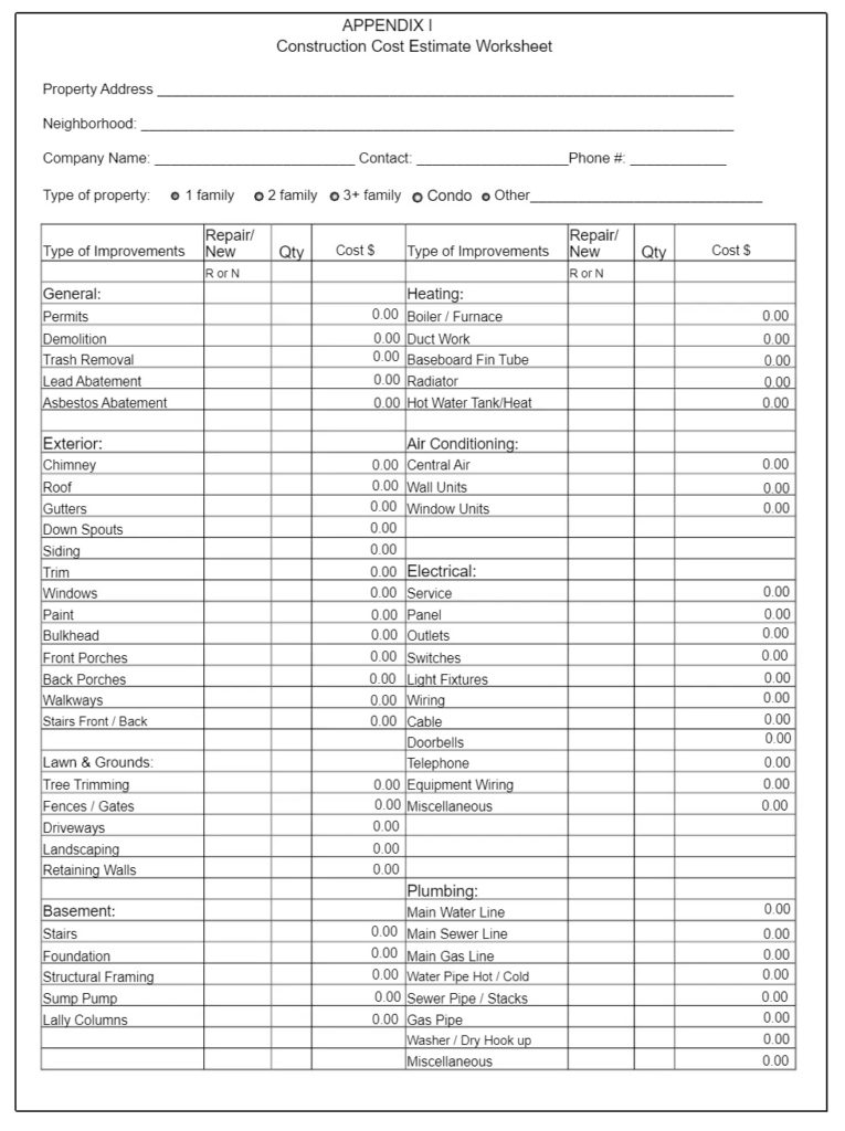 Construction Estimate Sheet Template