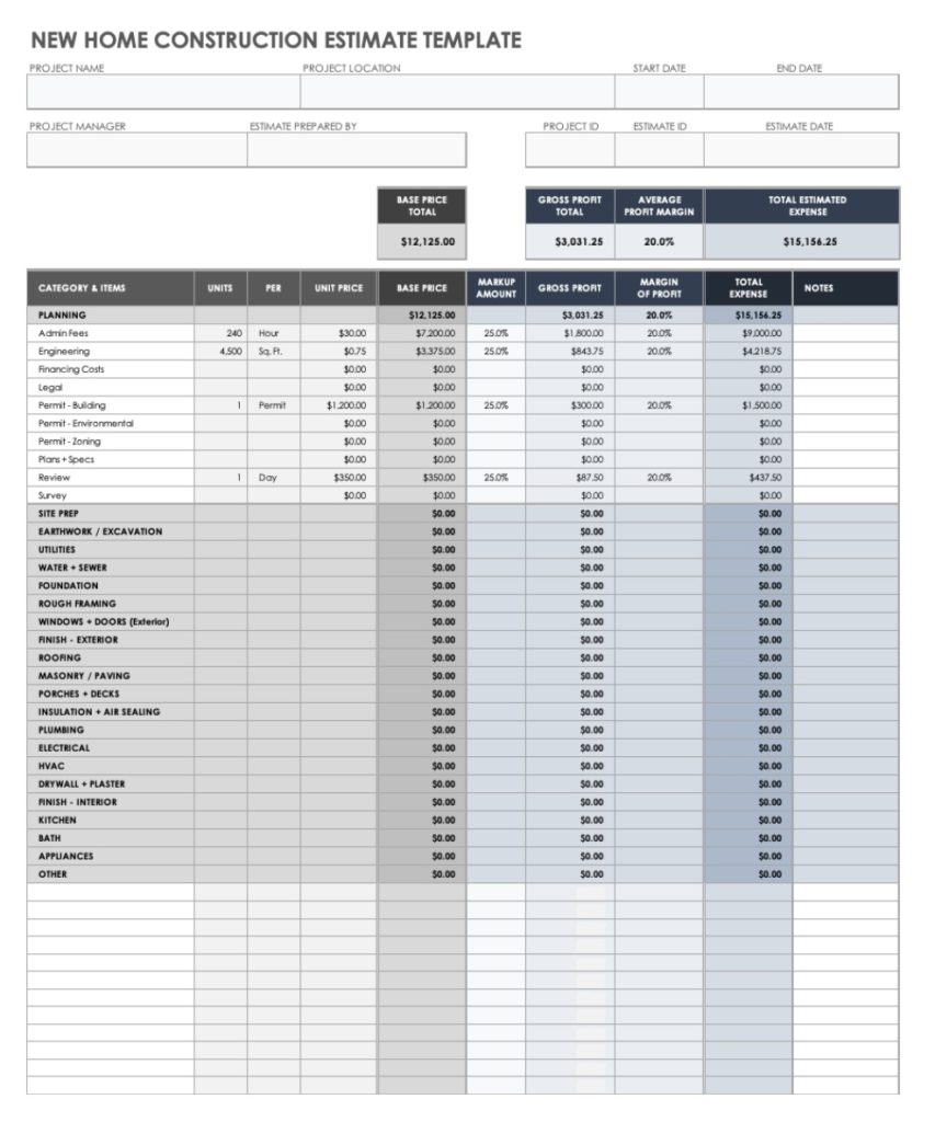 Home Construction Estimate Template