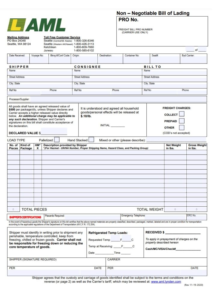 Non-Negotiable Bill of Lading Form