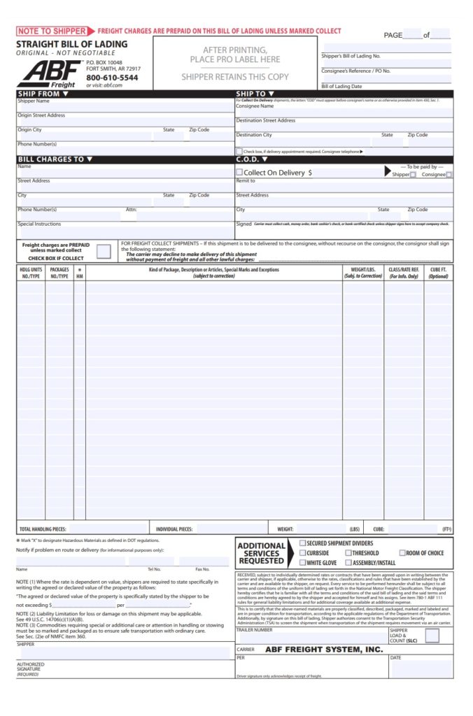 Professional Bill of Lading Form
