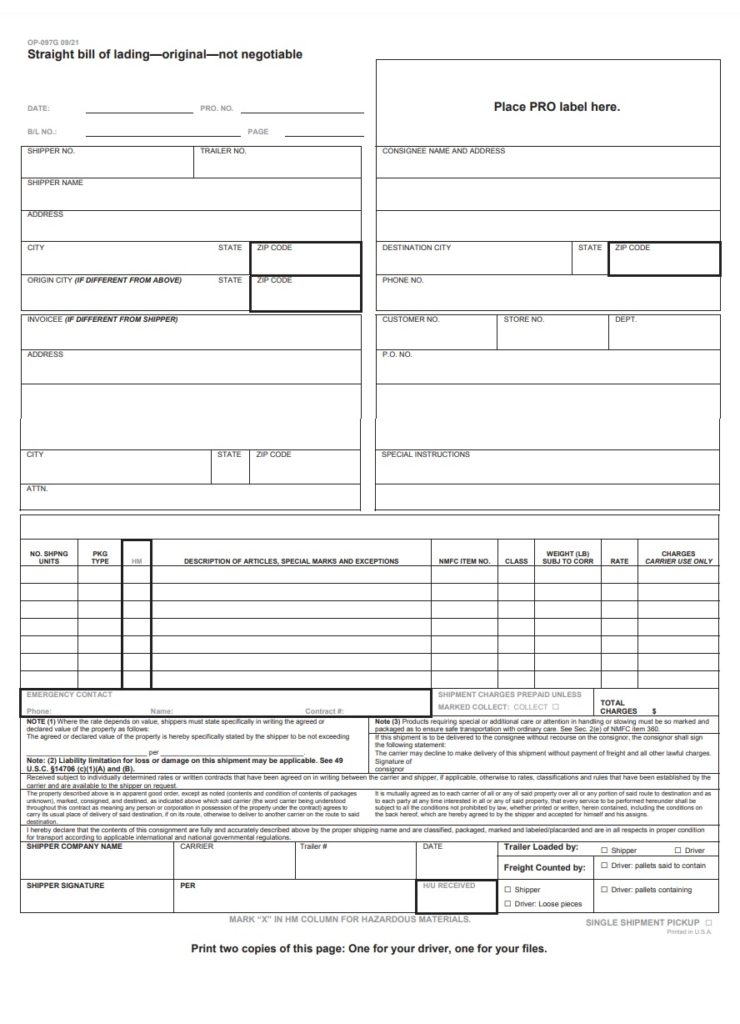 Straight Bill of Lading Form