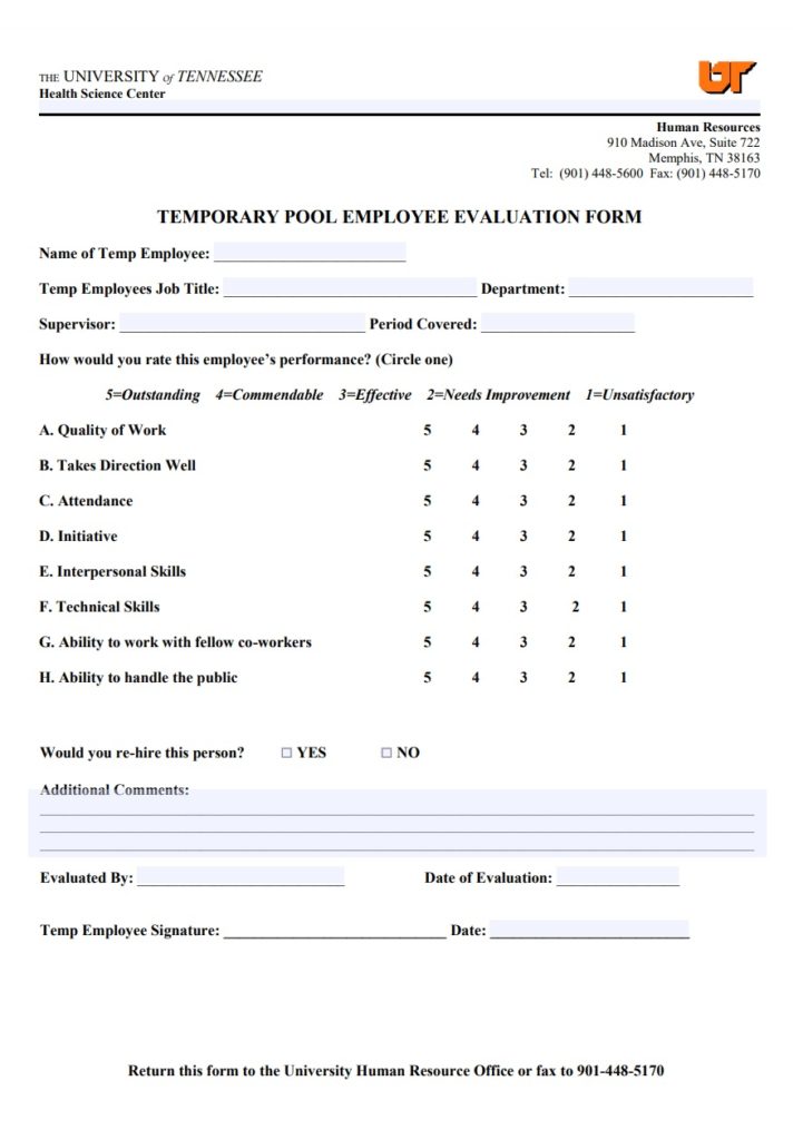 Temporary Pool Employee Evaluation Form