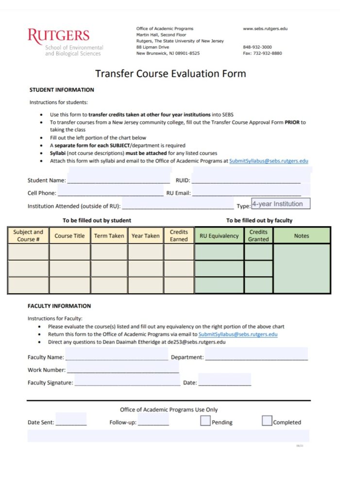 Transfer Course Evaluation Form