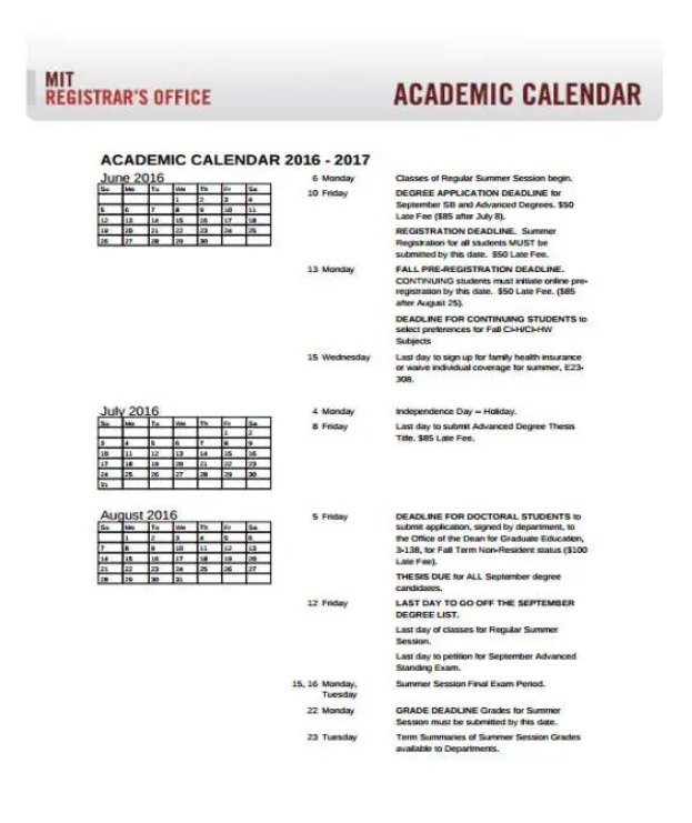 Academic Calendar Template