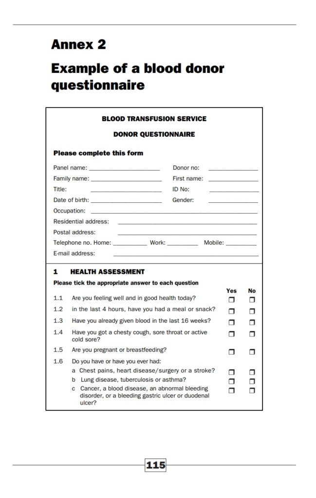 Blood donation questionnaire form