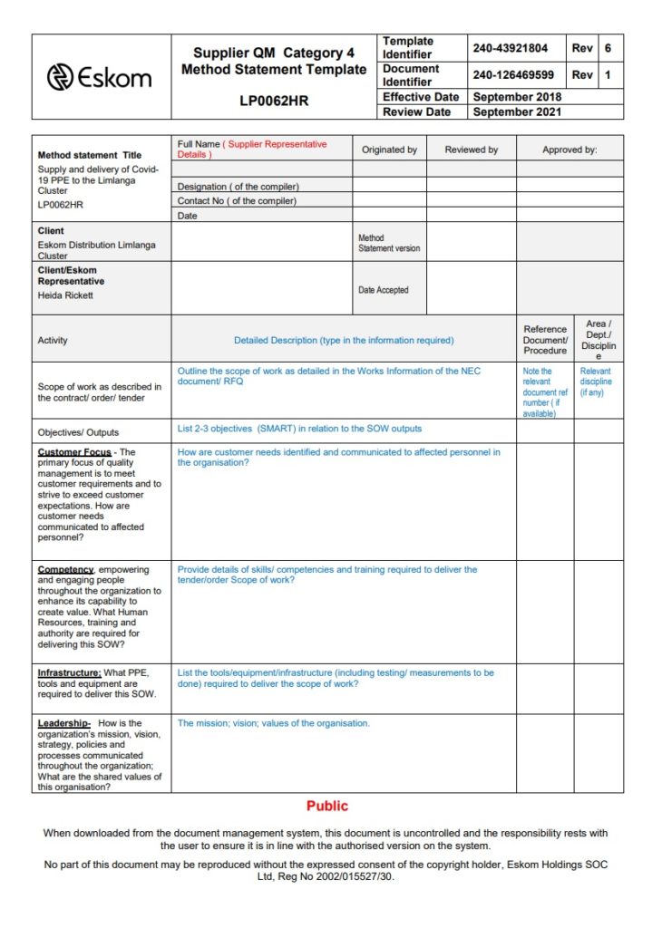 Supplier Method Statement Template