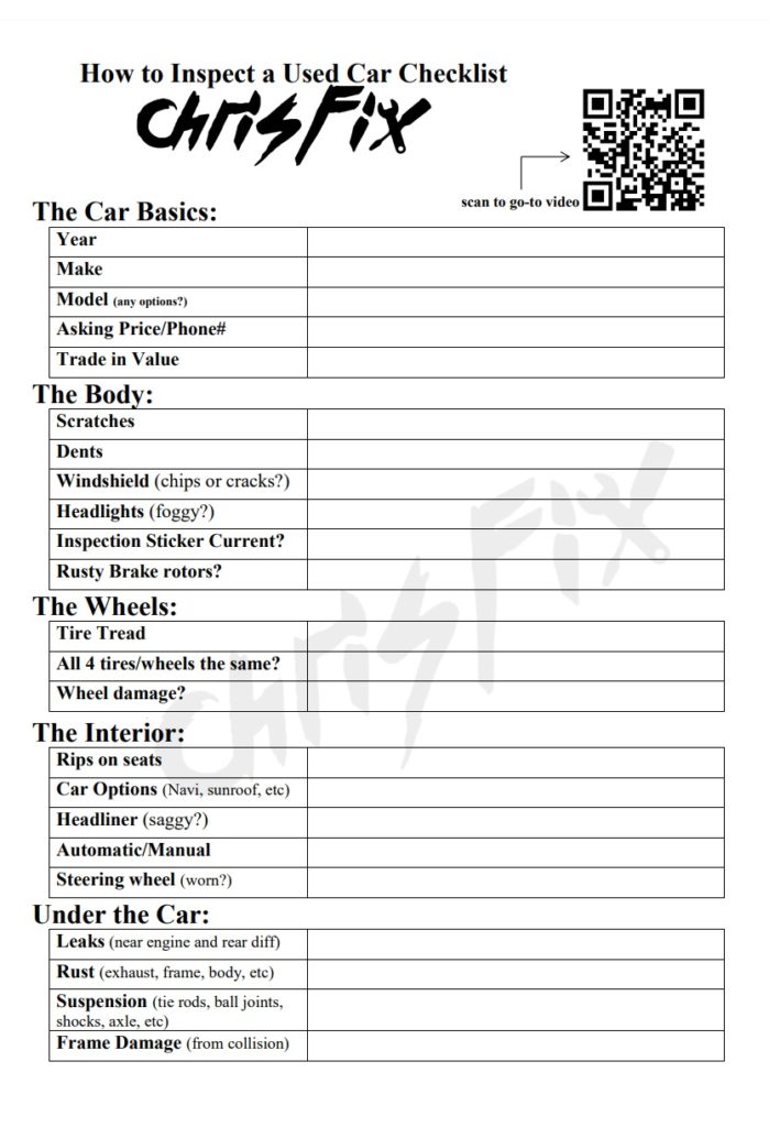 Used Car Checklist Template