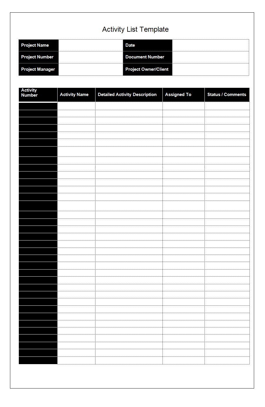 Activity List Template