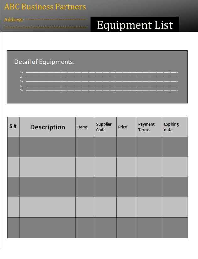 Equipment List Template