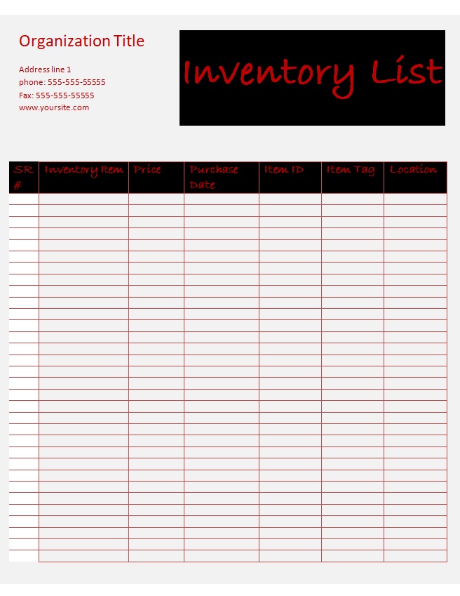 Inventory List Template