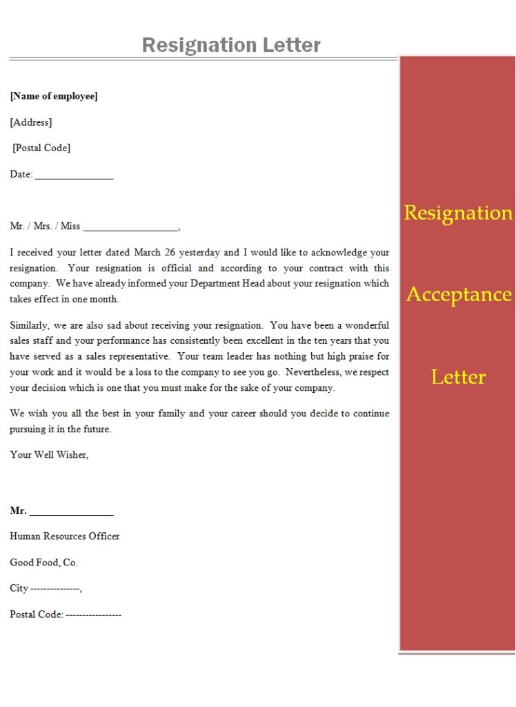 Resignation Acceptance Letter