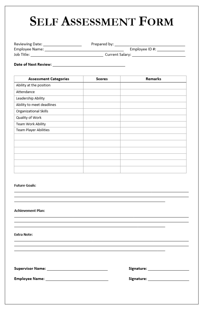 Blank Self Assessment Form